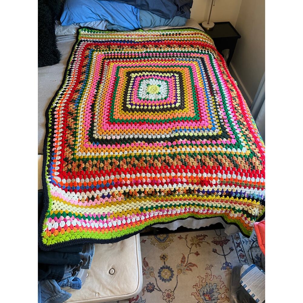 VTG Handmade Granny Square Crochet Blanket Afghan Throw 77x56 Multi Rainbow